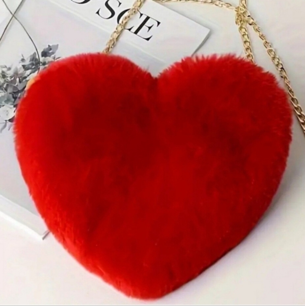 Plush Fluffy Red Heart Bag Crossbody Purse with Gold Chain